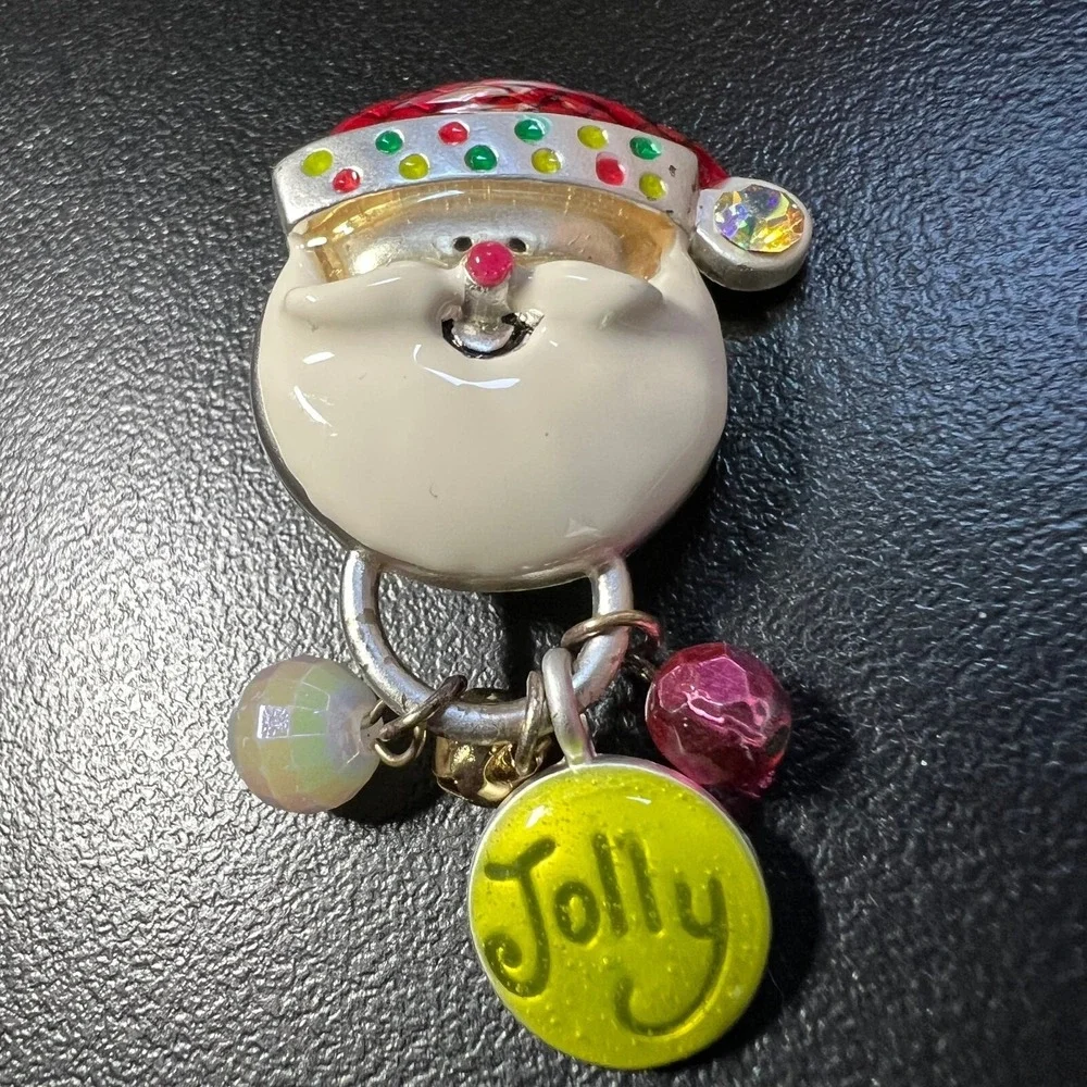 Vintage AJMC Santa Claus Brooch Silver‎ Tone and Enamel Christmas Pin
